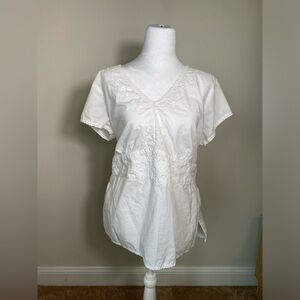 Plus Size Womens Lightweight White Embroidered Top  Short Sleeve Tie Back 1X
